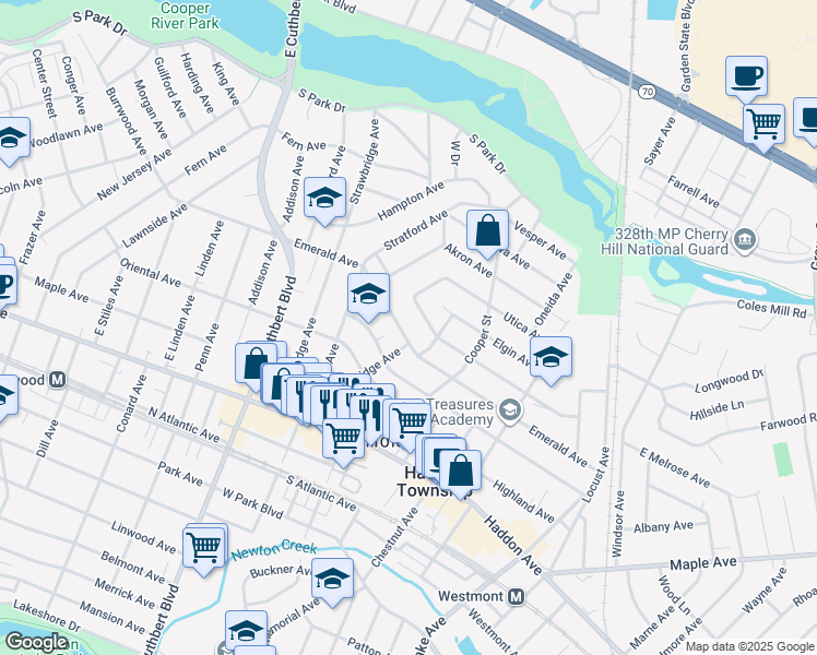 map of restaurants, bars, coffee shops, grocery stores, and more near 43 Emerald Avenue in Haddon township