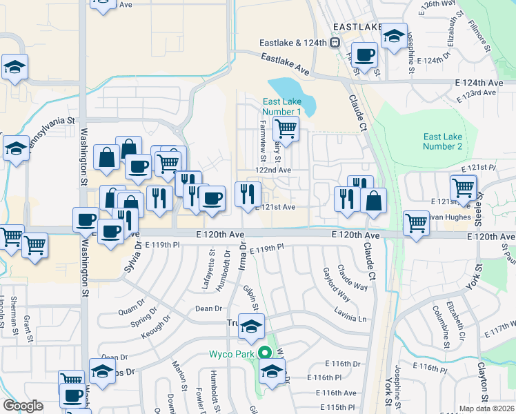 map of restaurants, bars, coffee shops, grocery stores, and more near 1601 East 121st Avenue in Northglenn