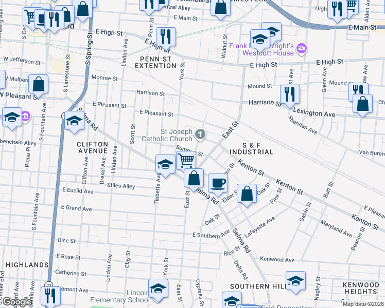 map of restaurants, bars, coffee shops, grocery stores, and more near 743 Summer Street in Springfield