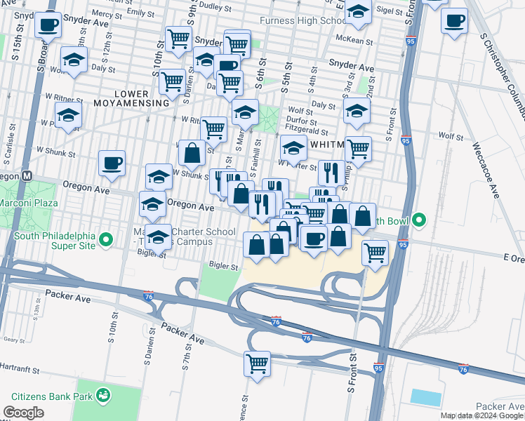 map of restaurants, bars, coffee shops, grocery stores, and more near 501 Oregon Avenue in Philadelphia