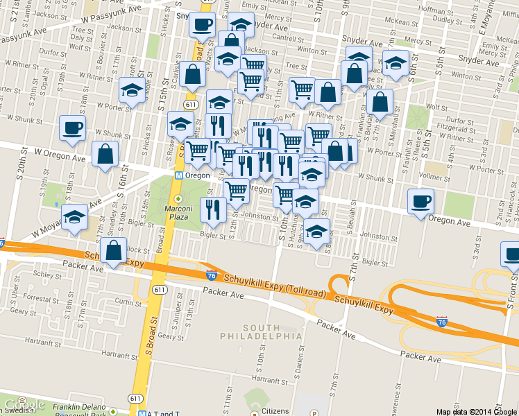 map of restaurants, bars, coffee shops, grocery stores, and more near 1029 Johnston Street in Philadelphia