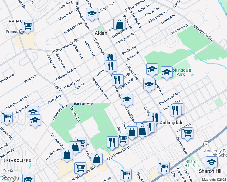 map of restaurants, bars, coffee shops, grocery stores, and more near 925 Chestnut Street in Collingdale
