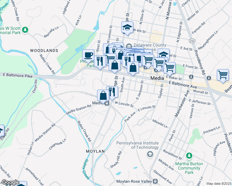 map of restaurants, bars, coffee shops, grocery stores, and more near 426 South Avenue in Media