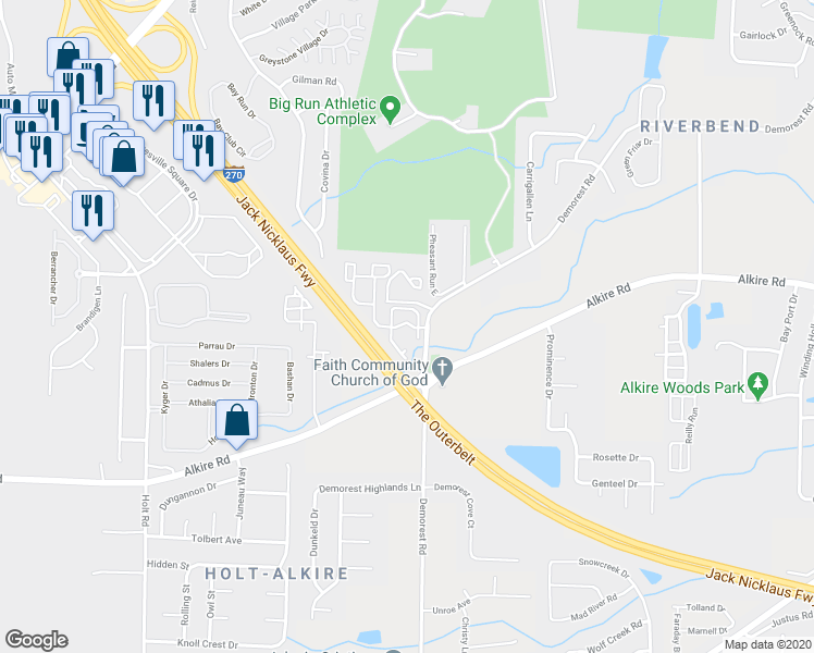 map of restaurants, bars, coffee shops, grocery stores, and more near 1908 Alkire Glen Way in Columbus