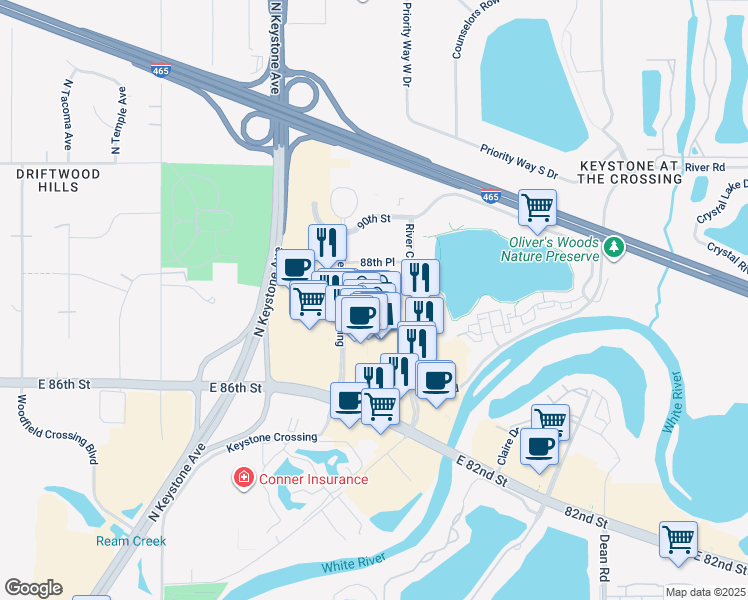 map of restaurants, bars, coffee shops, grocery stores, and more near 8785 Keystone Crossing in Indianapolis