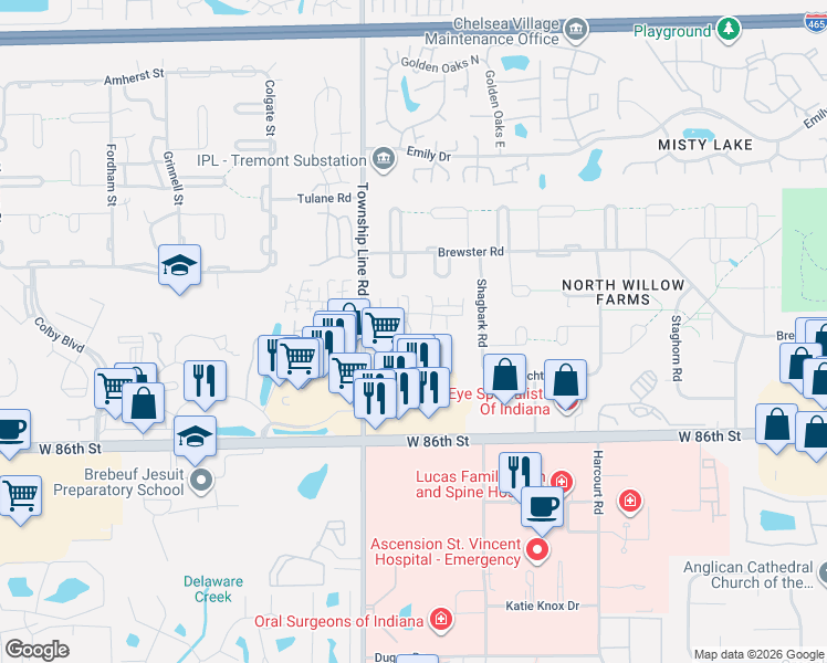 map of restaurants, bars, coffee shops, grocery stores, and more near 7005 Hoover Road in Indianapolis