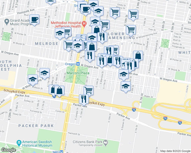 map of restaurants, bars, coffee shops, grocery stores, and more near 1211 Johnston Street in Philadelphia