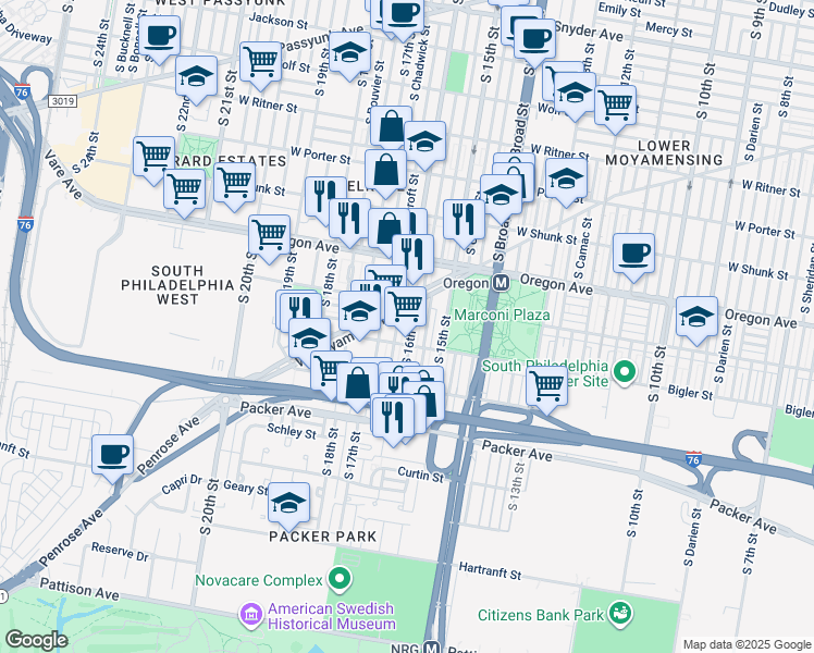 map of restaurants, bars, coffee shops, grocery stores, and more near 2826 South 16th Street in Philadelphia