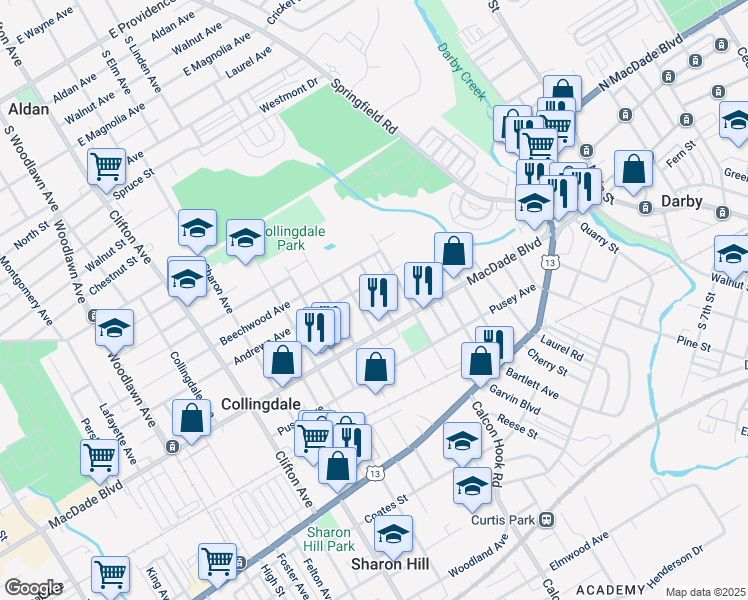 map of restaurants, bars, coffee shops, grocery stores, and more near 224 Wolfenden Avenue in Collingdale