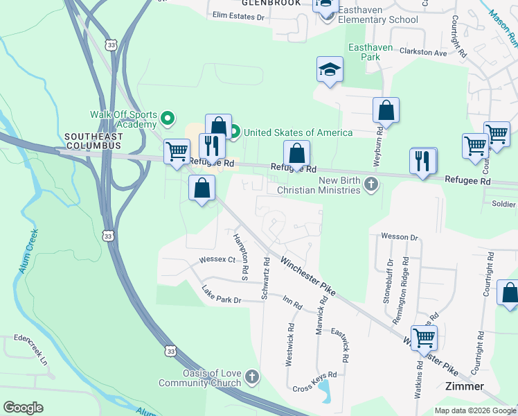 map of restaurants, bars, coffee shops, grocery stores, and more near 3153 Webster Drive in Columbus