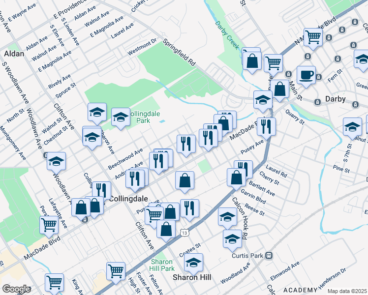map of restaurants, bars, coffee shops, grocery stores, and more near 224 Wolfenden Avenue in Collingdale