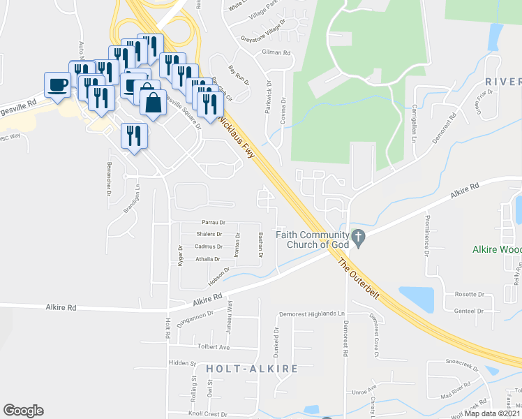 map of restaurants, bars, coffee shops, grocery stores, and more near 1841 Hidden Gate in Columbus
