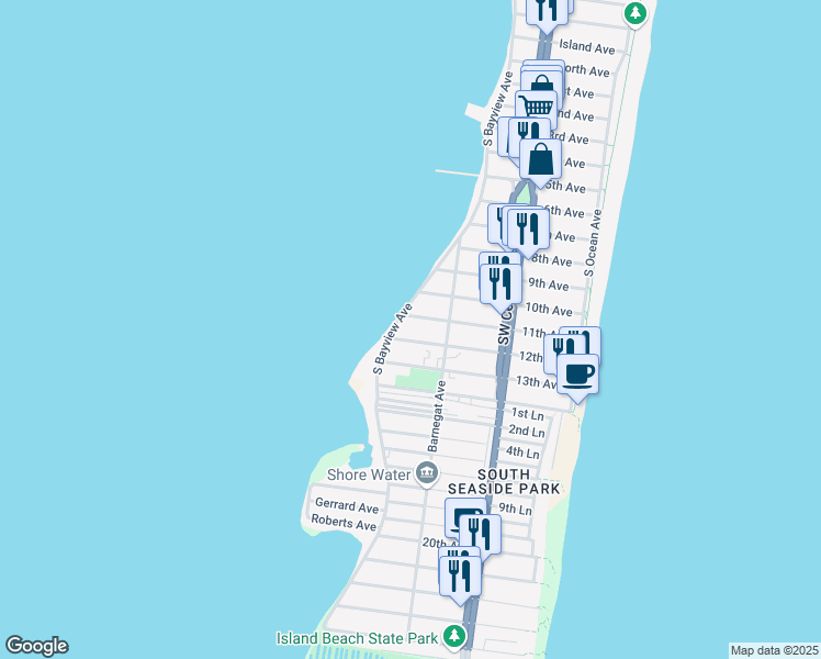 map of restaurants, bars, coffee shops, grocery stores, and more near 228 12th Avenue in Seaside Park