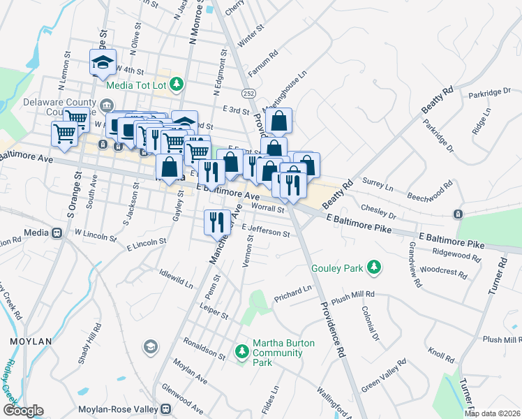 map of restaurants, bars, coffee shops, grocery stores, and more near 302 Vernon Street in Media