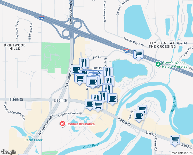 map of restaurants, bars, coffee shops, grocery stores, and more near 8785 Keystone Crossing in Indianapolis