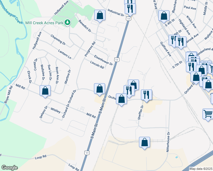 map of restaurants, bars, coffee shops, grocery stores, and more near 1231 South Main Street in Chambersburg