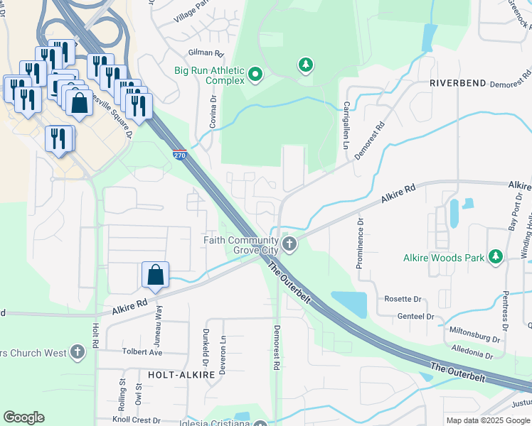 map of restaurants, bars, coffee shops, grocery stores, and more near 1908 Alkire Glen Way in Columbus