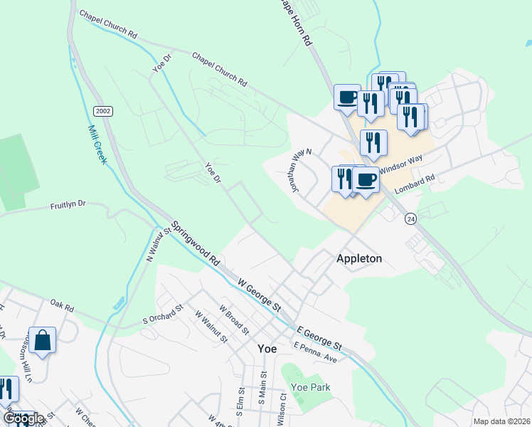 map of restaurants, bars, coffee shops, grocery stores, and more near 129 Heather Glen Drive in Red Lion