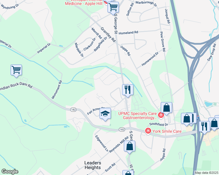 map of restaurants, bars, coffee shops, grocery stores, and more near 2421 Clairian Drive in York