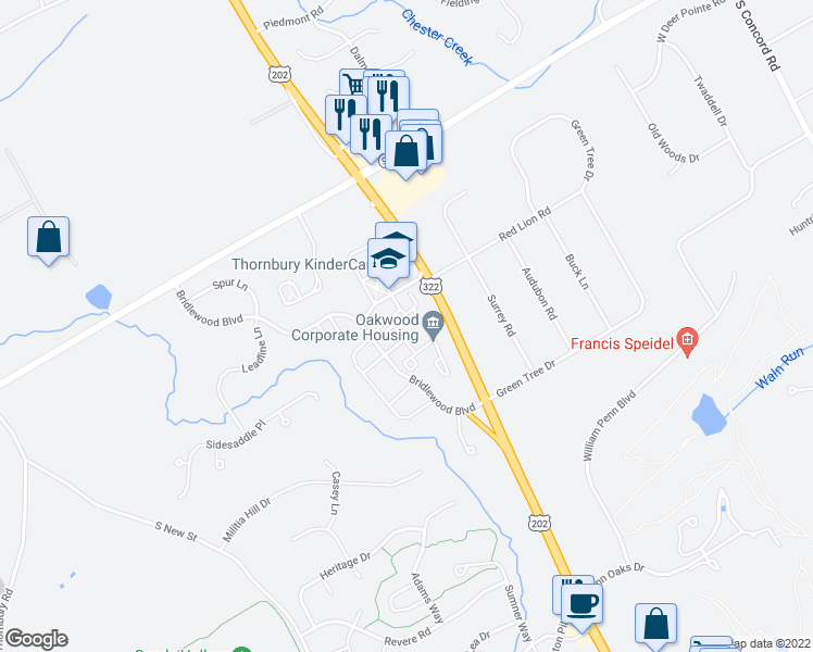 map of restaurants, bars, coffee shops, grocery stores, and more near 733 Smoke House Road in West Chester