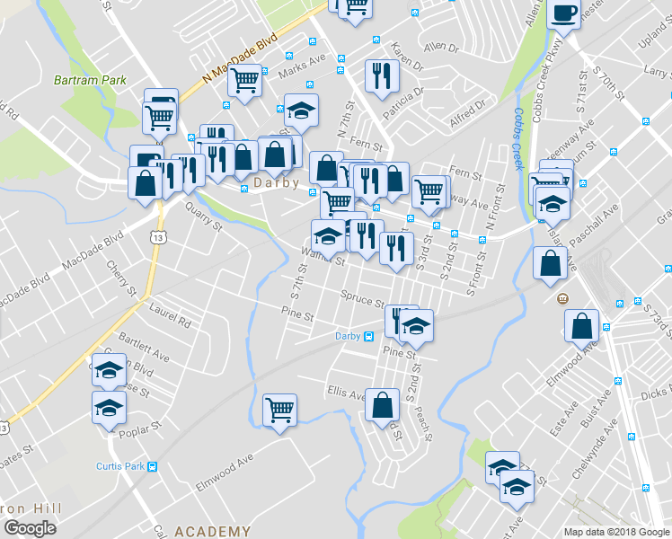 map of restaurants, bars, coffee shops, grocery stores, and more near 209 South 6th Street in Darby
