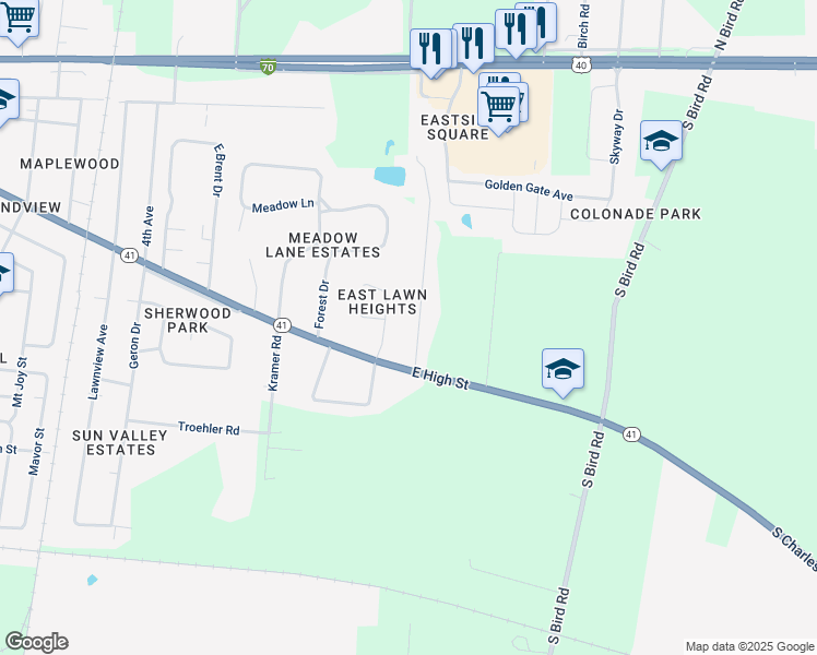map of restaurants, bars, coffee shops, grocery stores, and more near 520 Holiday Drive in Springfield