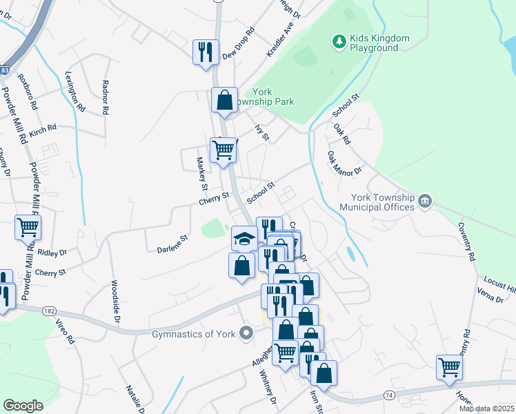 map of restaurants, bars, coffee shops, grocery stores, and more near 14 York Road in Jacobus