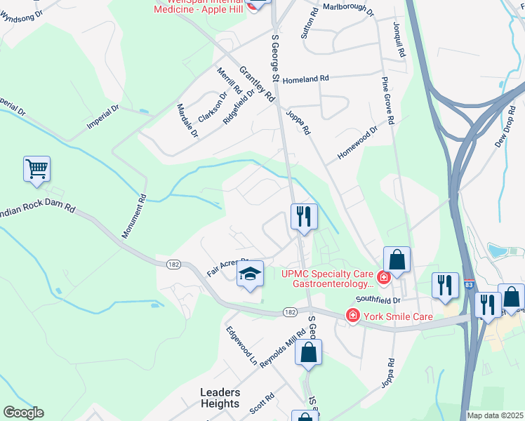 map of restaurants, bars, coffee shops, grocery stores, and more near 2421 Clairian Drive in York