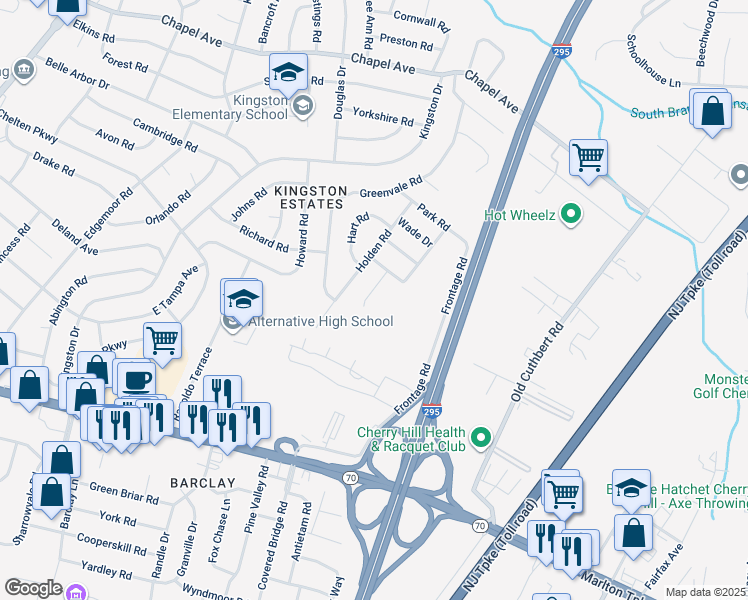 map of restaurants, bars, coffee shops, grocery stores, and more near 8 Logan Drive in Cherry Hill
