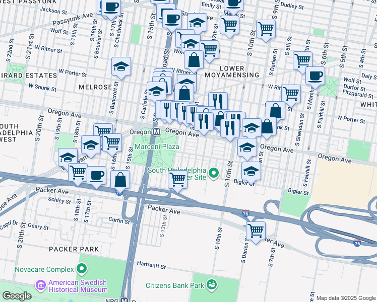 map of restaurants, bars, coffee shops, grocery stores, and more near 1219 Johnston Street in Philadelphia
