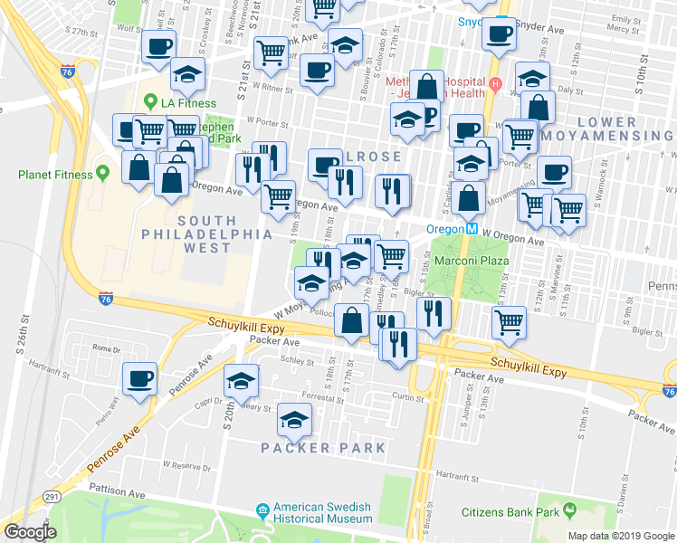 map of restaurants, bars, coffee shops, grocery stores, and more near 1741 West Moyamensing Avenue in Philadelphia