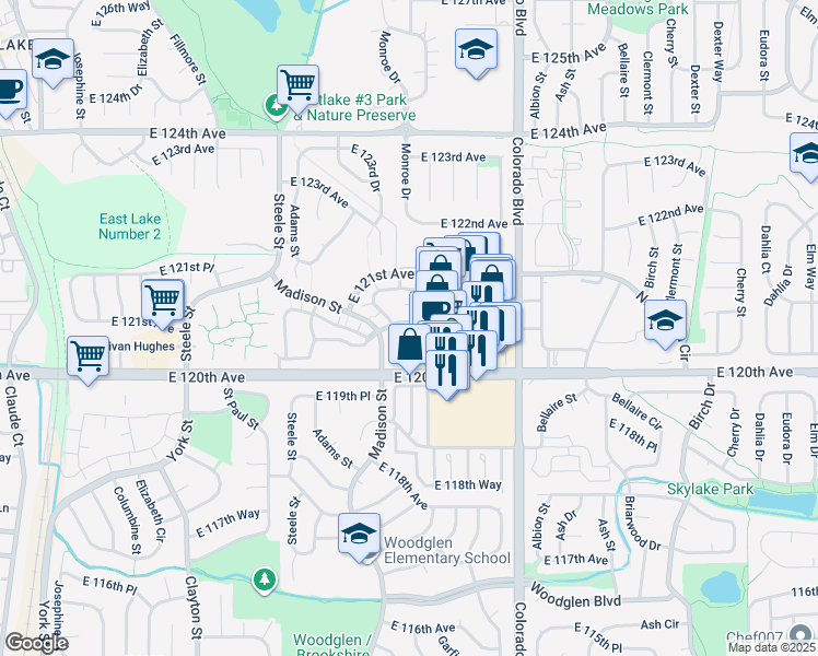 map of restaurants, bars, coffee shops, grocery stores, and more near 3351 East 120th Avenue in Thornton