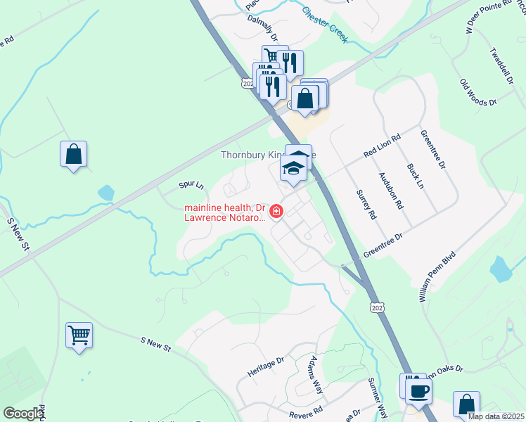 map of restaurants, bars, coffee shops, grocery stores, and more near 105 Stirrup Circle in West Chester