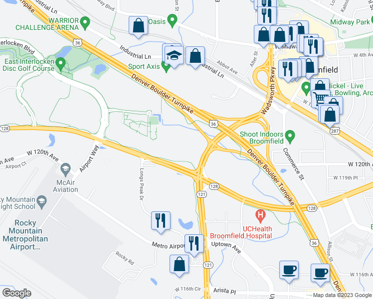 map of restaurants, bars, coffee shops, grocery stores, and more near 12000 Thomas Court in Broomfield