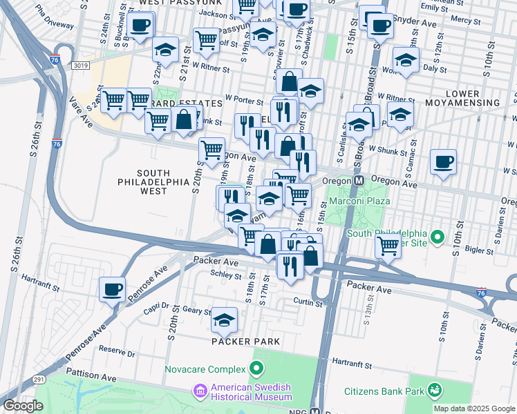 map of restaurants, bars, coffee shops, grocery stores, and more near 1739 West Moyamensing Avenue in Philadelphia