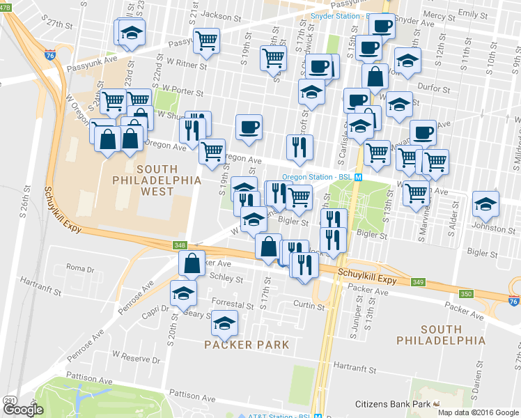map of restaurants, bars, coffee shops, grocery stores, and more near 1737 West Moyamensing Avenue in Philadelphia