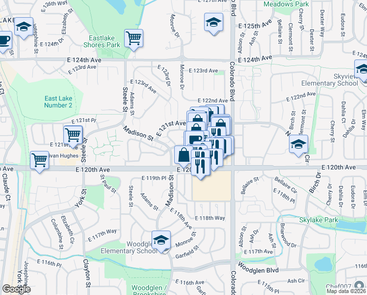 map of restaurants, bars, coffee shops, grocery stores, and more near 181 Madison Park Parking Lot Road in Thornton