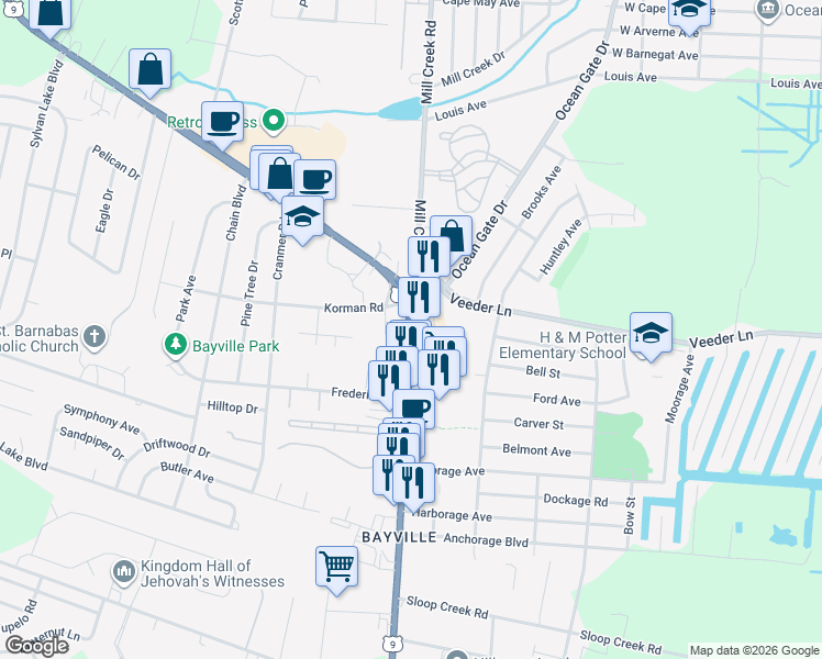 map of restaurants, bars, coffee shops, grocery stores, and more near 416 U.S. 9 in Berkeley Township