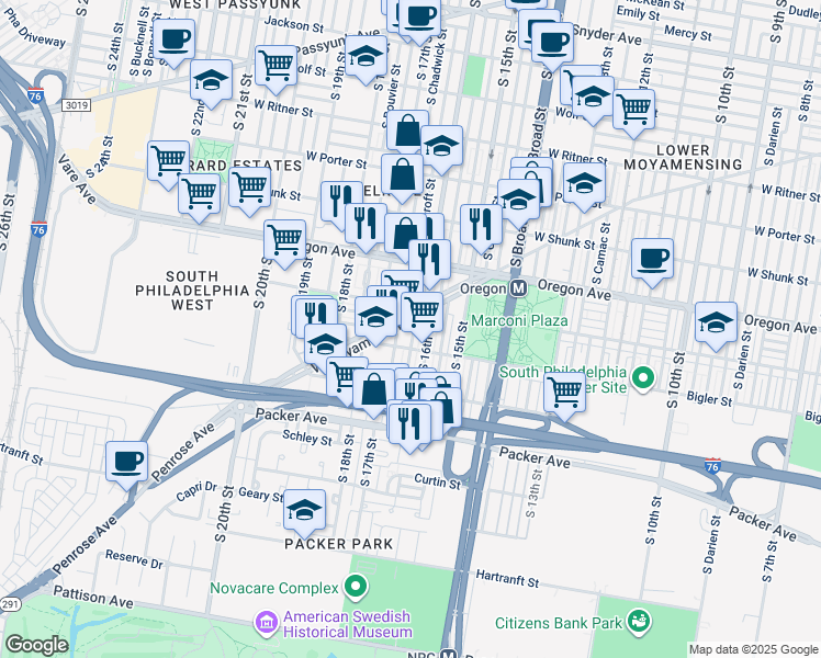 map of restaurants, bars, coffee shops, grocery stores, and more near 2824 South Smedley Street in Philadelphia