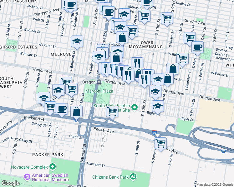 map of restaurants, bars, coffee shops, grocery stores, and more near 1204 Johnston Street in Philadelphia