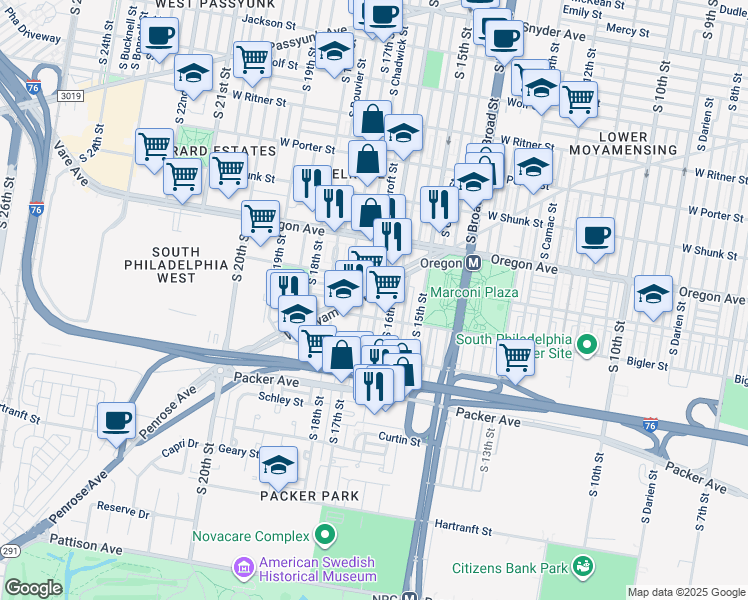 map of restaurants, bars, coffee shops, grocery stores, and more near 2824 South Smedley Street in Philadelphia