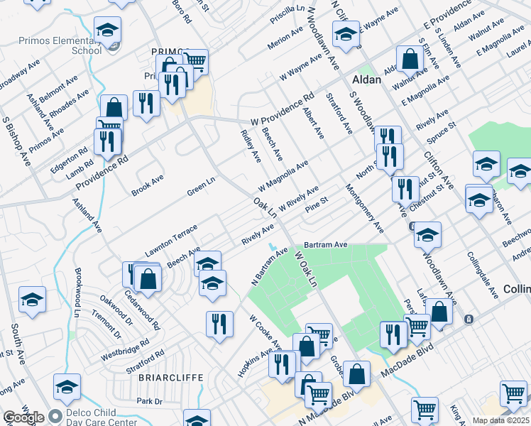 map of restaurants, bars, coffee shops, grocery stores, and more near in Darby Township