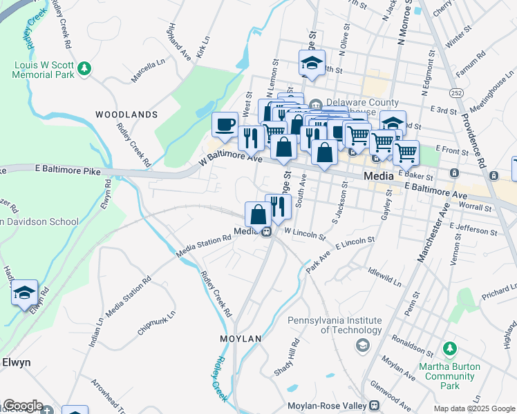 map of restaurants, bars, coffee shops, grocery stores, and more near 301 Media Station Rd in Media