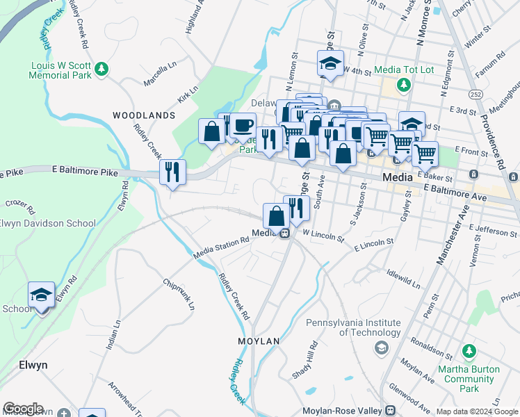 map of restaurants, bars, coffee shops, grocery stores, and more near 459 West Jefferson Street in Media