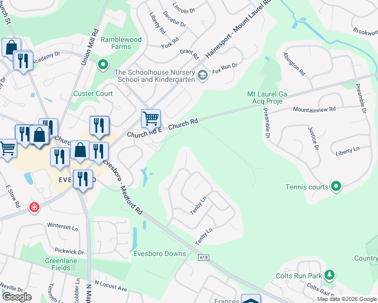 map of restaurants, bars, coffee shops, grocery stores, and more near 4 Hastings Court in Evesham