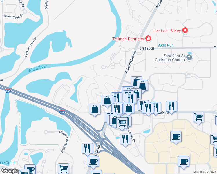 map of restaurants, bars, coffee shops, grocery stores, and more near 8670 Allisonville Road in Indianapolis