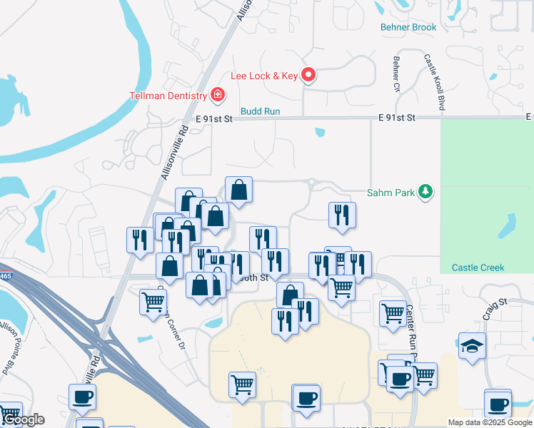map of restaurants, bars, coffee shops, grocery stores, and more near 5975 Castle Creek Parkway Drive North in Indianapolis