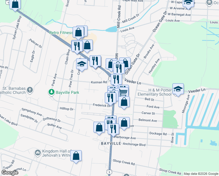 map of restaurants, bars, coffee shops, grocery stores, and more near 416 U.S. 9 in Berkeley Township