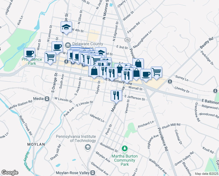 map of restaurants, bars, coffee shops, grocery stores, and more near 313 Waltons Way in Media