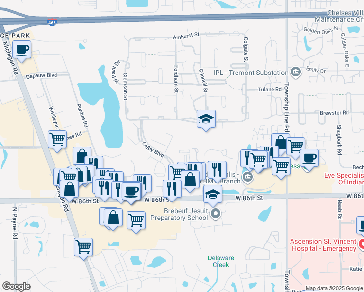 map of restaurants, bars, coffee shops, grocery stores, and more near 8810 Yardley Court in Indianapolis